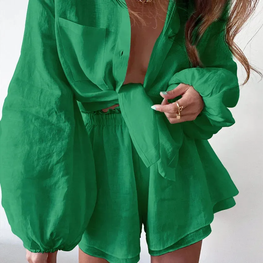 women's casual solid color 100% cotton patchwork shorts sets
