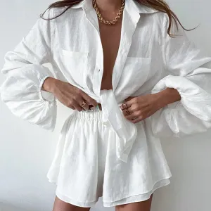 women's casual solid color 100% cotton patchwork shorts sets