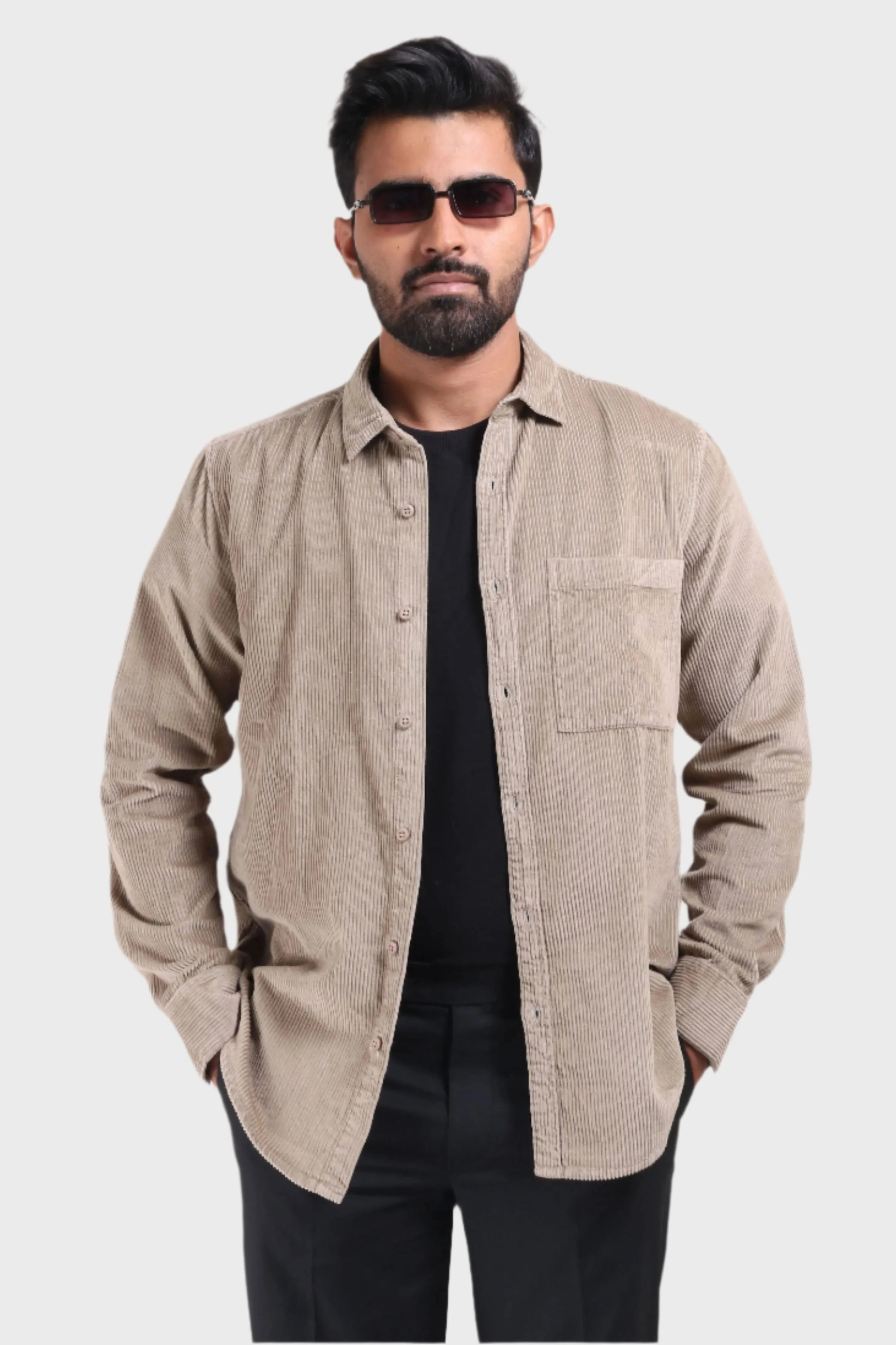 XKIND MEN'S BEIGE CORDUROY REGULAR FIT SHIRT