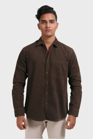 XKIND MEN'S MOCHA BROWN FINE CORDUROY REGULAR FIT SHIRT