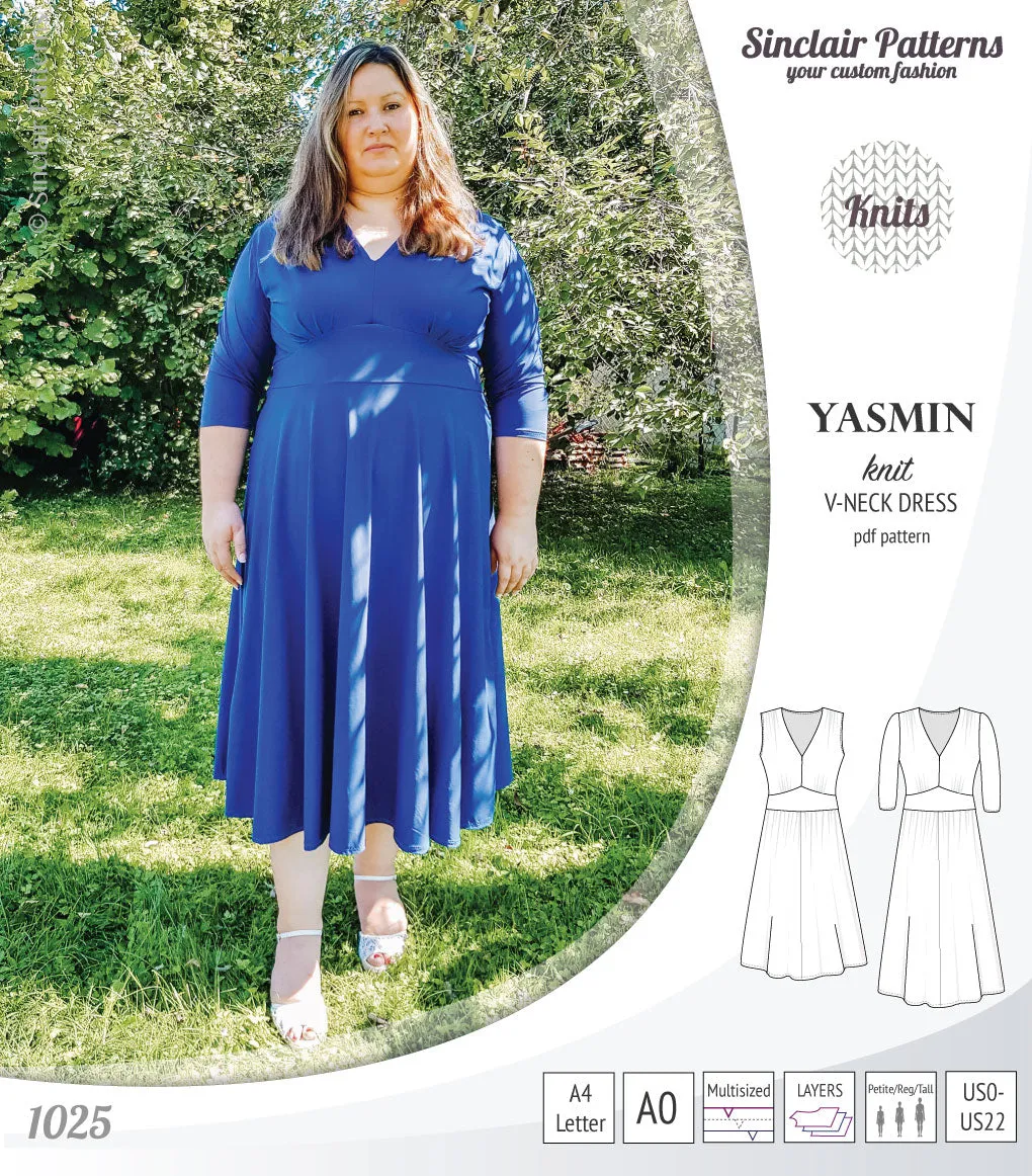 Yasmin V neck knit dress with pleated accents (PDF)