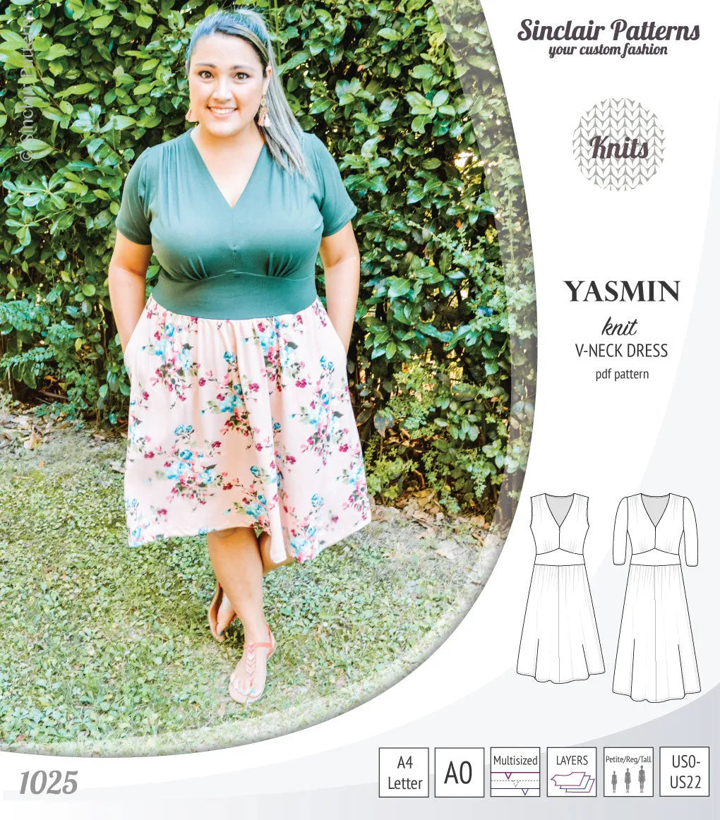 Yasmin V neck knit dress with pleated accents (PDF)
