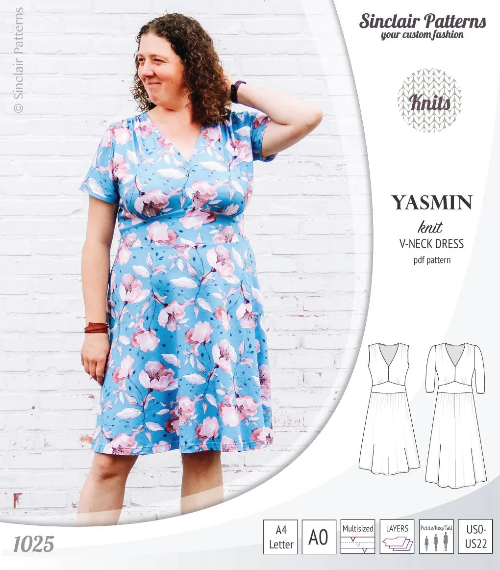 Yasmin V neck knit dress with pleated accents (PDF)