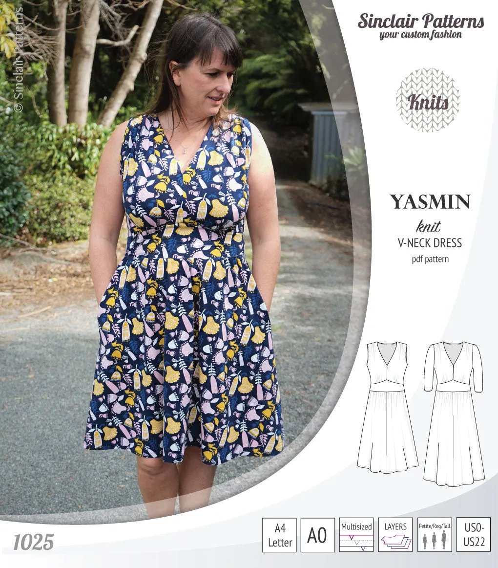 Yasmin V neck knit dress with pleated accents (PDF)