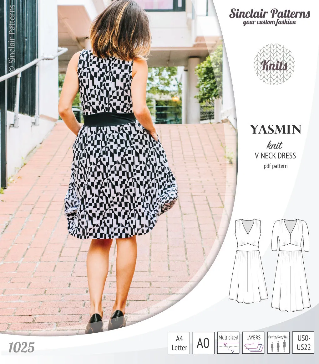 Yasmin V neck knit dress with pleated accents (PDF)