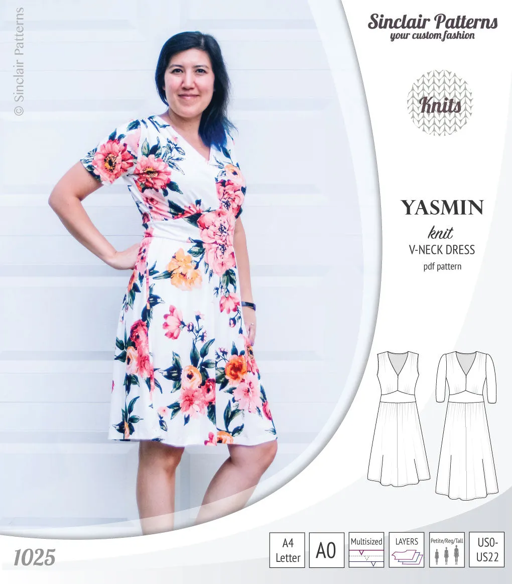 Yasmin V neck knit dress with pleated accents (PDF)