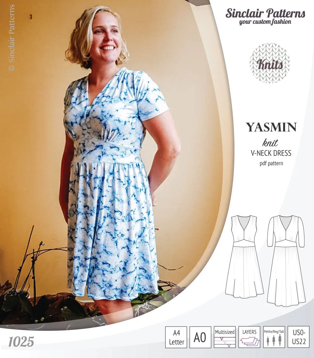 Yasmin V neck knit dress with pleated accents (PDF)