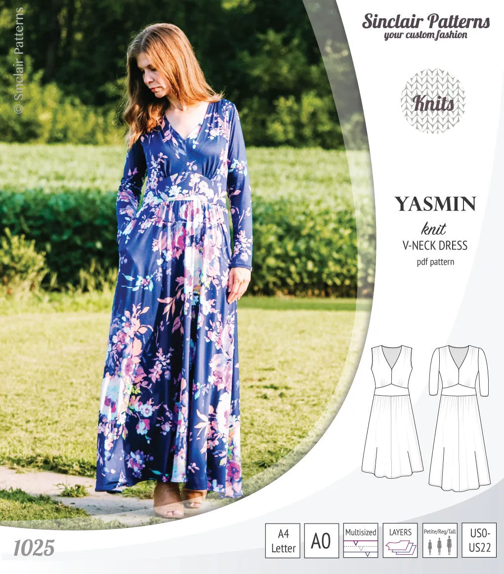 Yasmin V neck knit dress with pleated accents (PDF)