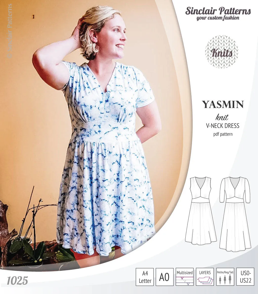 Yasmin V neck knit dress with pleated accents (PDF)