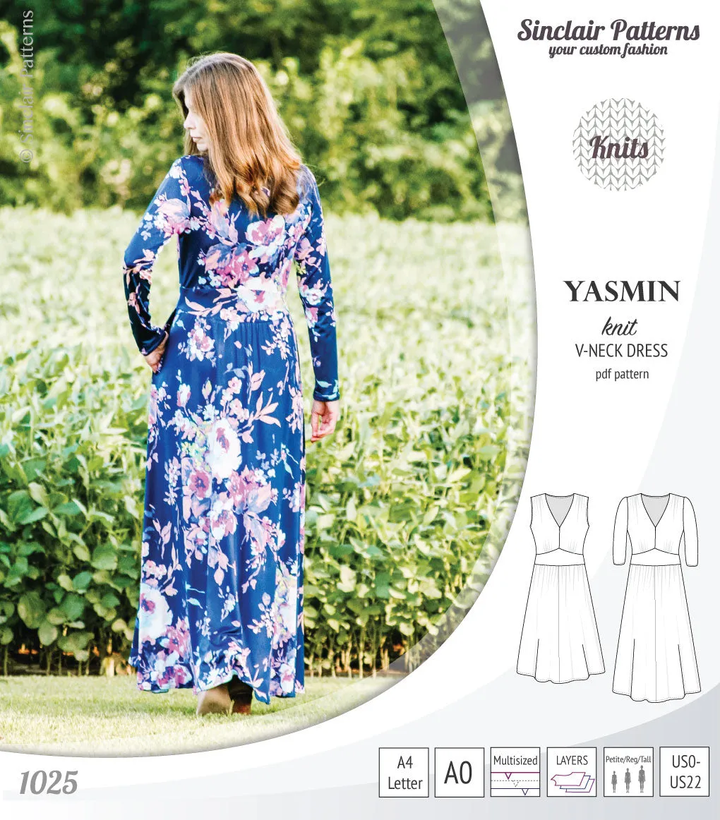 Yasmin V neck knit dress with pleated accents (PDF)