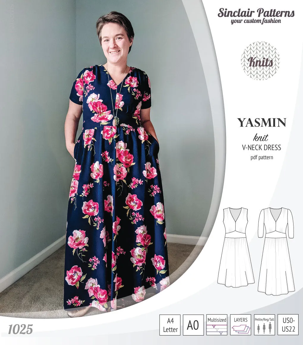 Yasmin V neck knit dress with pleated accents (PDF)
