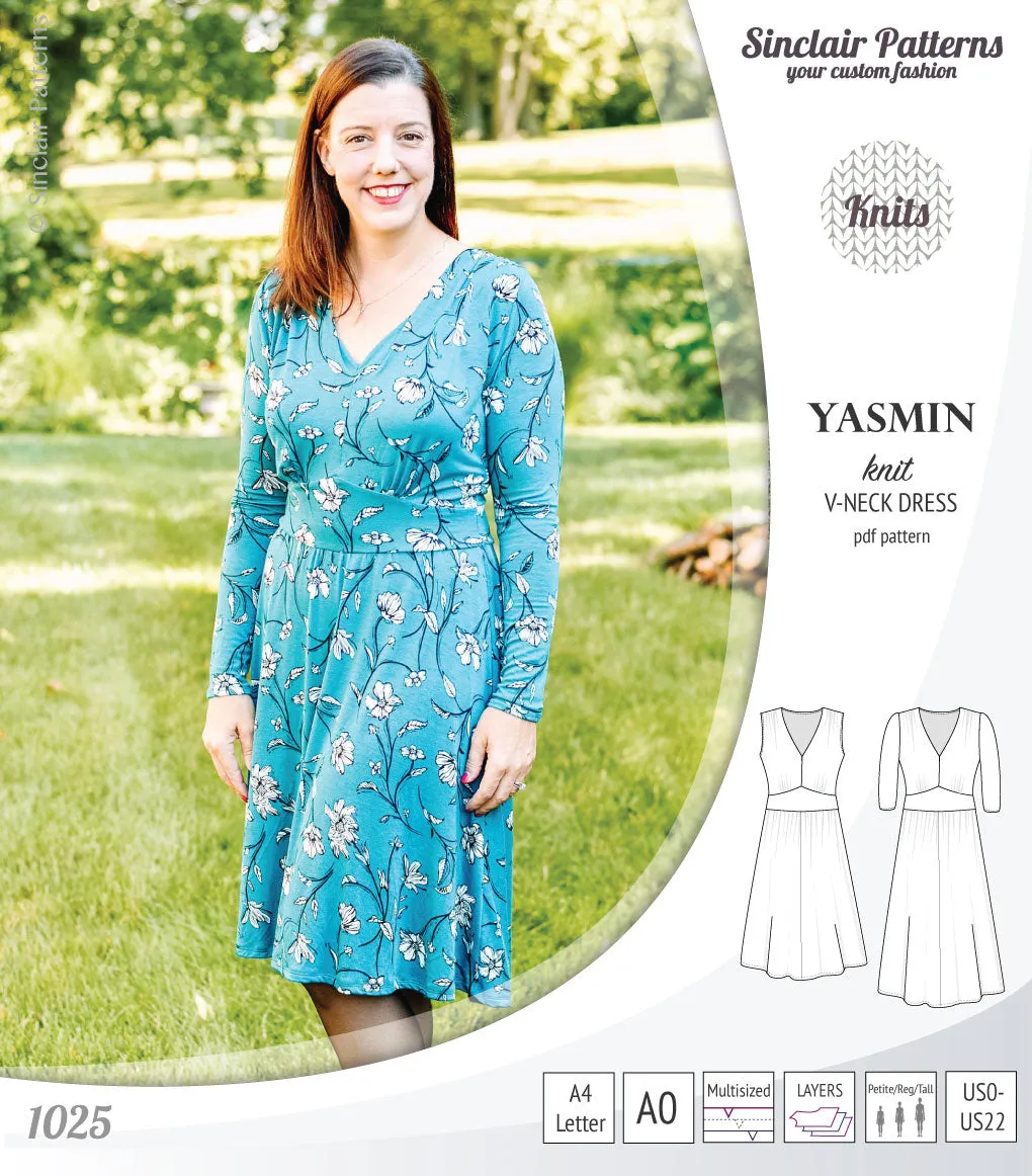 Yasmin V neck knit dress with pleated accents (PDF)