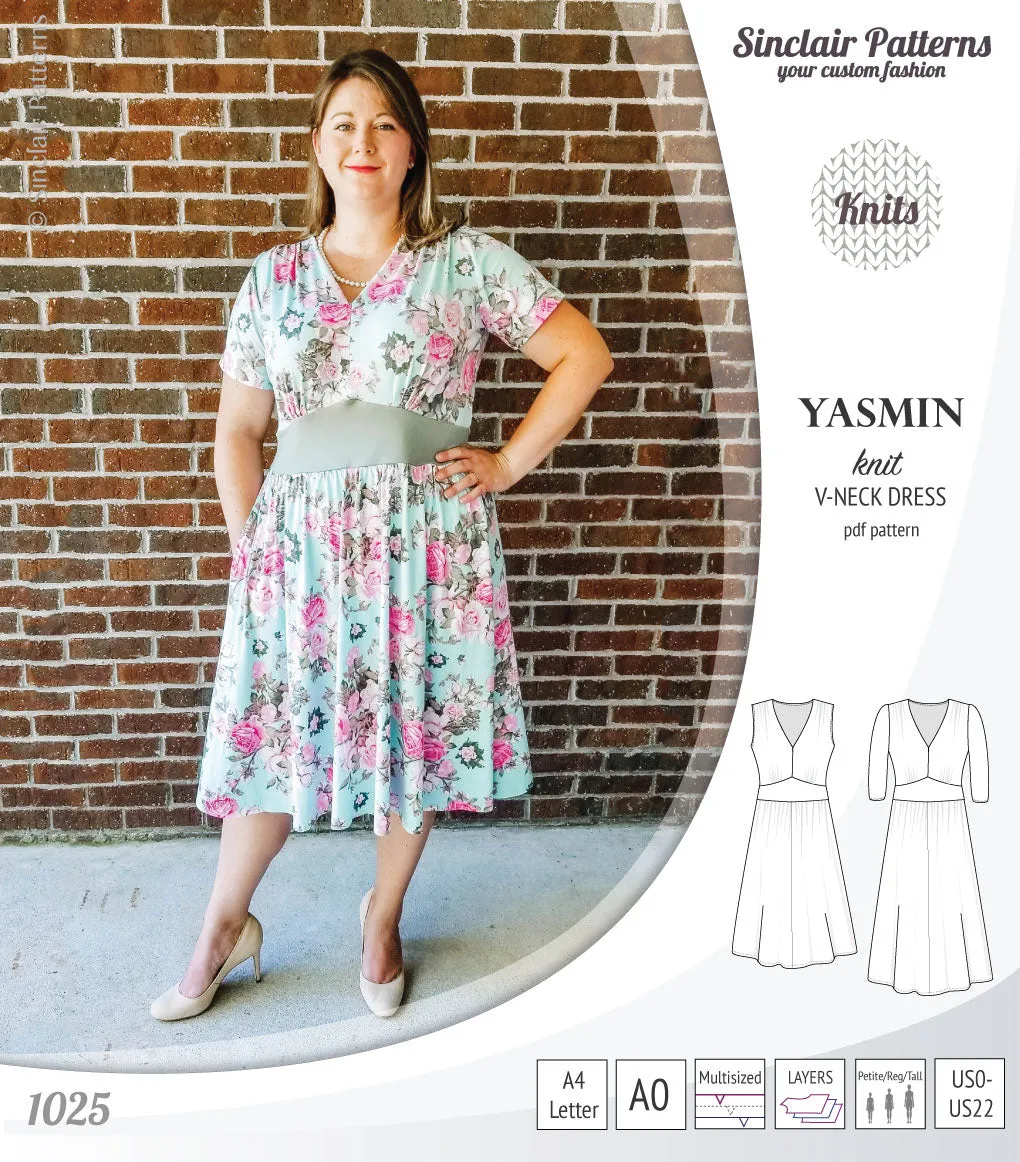 Yasmin V neck knit dress with pleated accents (PDF)