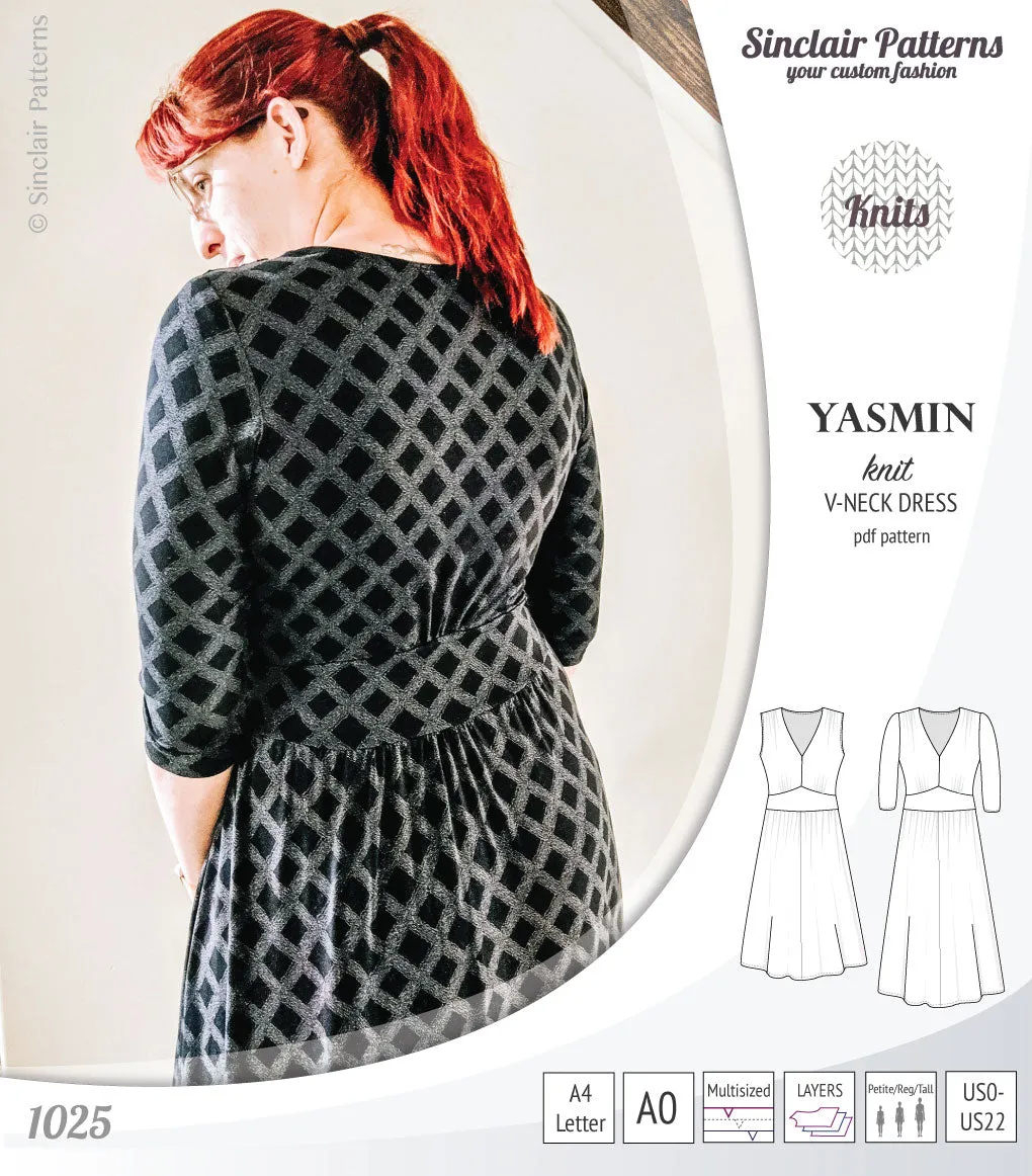 Yasmin V neck knit dress with pleated accents (PDF)