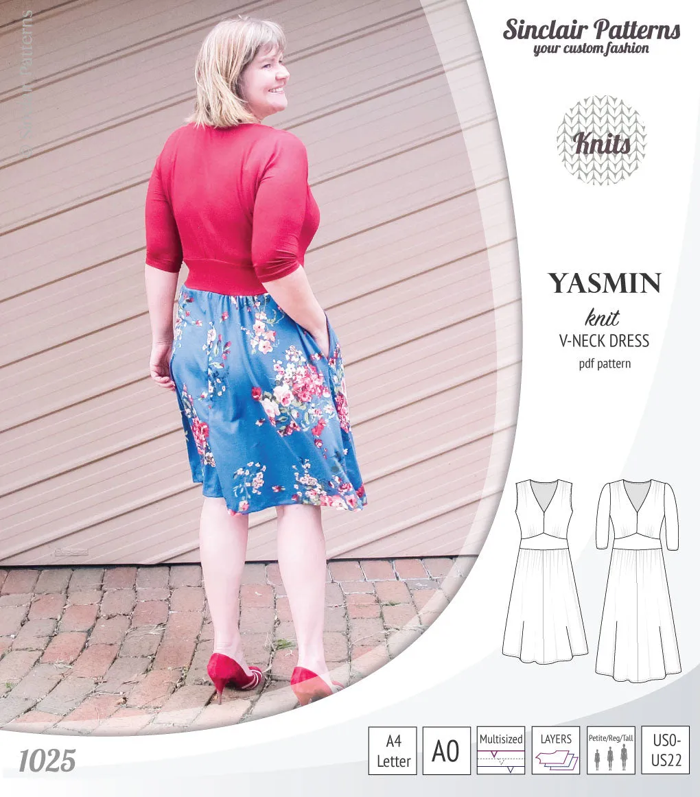 Yasmin V neck knit dress with pleated accents (PDF)