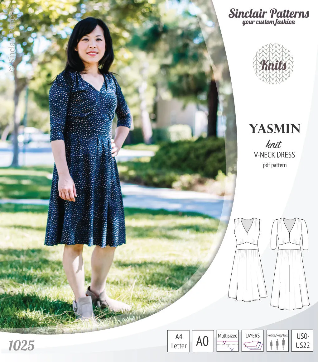 Yasmin V neck knit dress with pleated accents (PDF)