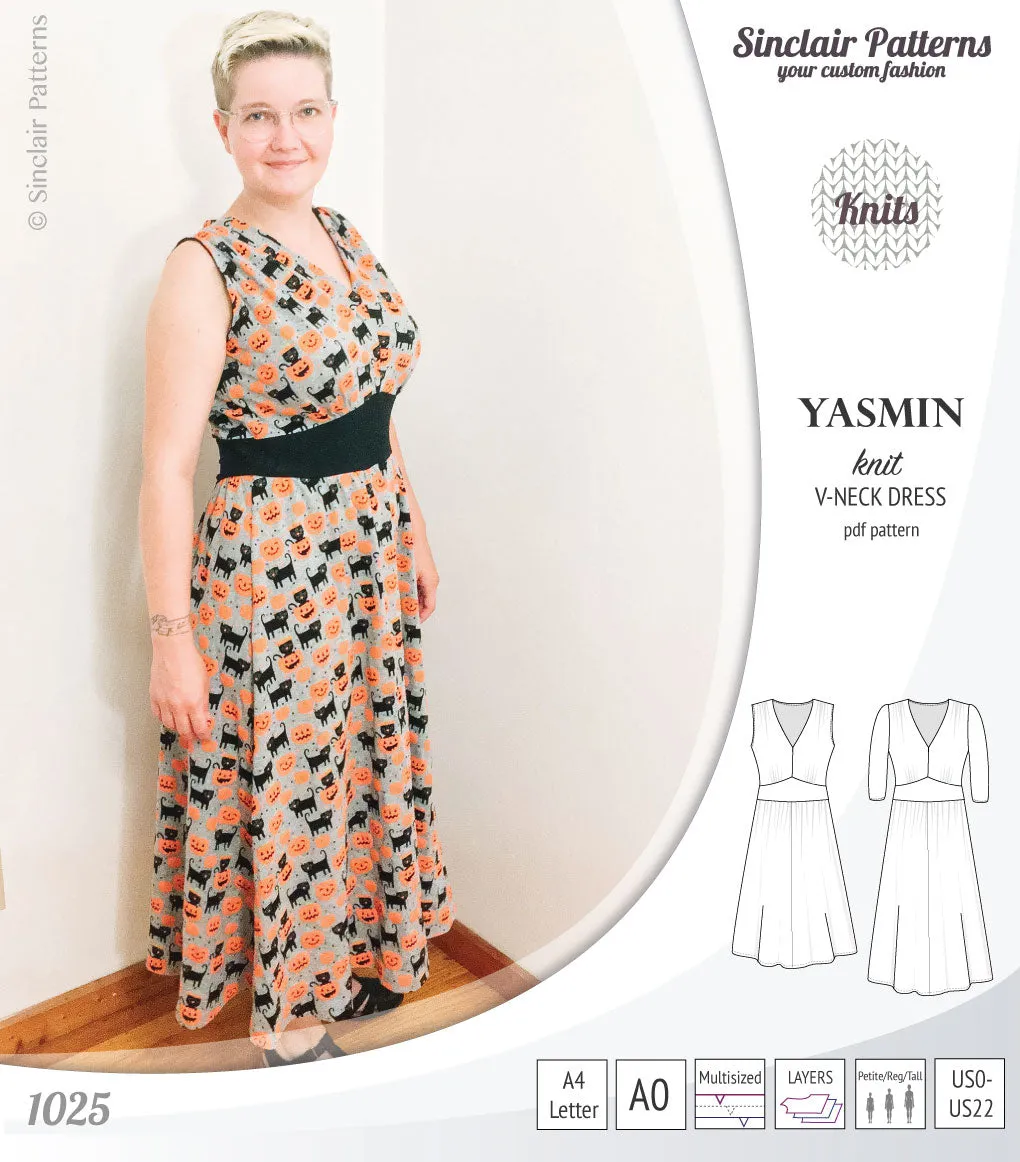Yasmin V neck knit dress with pleated accents (PDF)