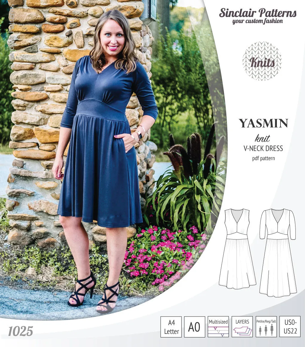 Yasmin V neck knit dress with pleated accents (PDF)