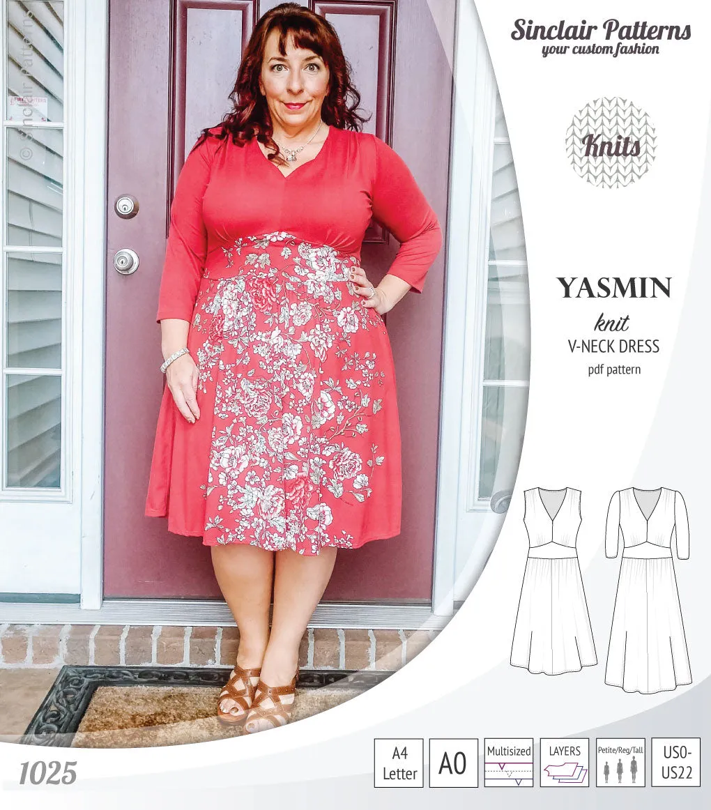 Yasmin V neck knit dress with pleated accents (PDF)