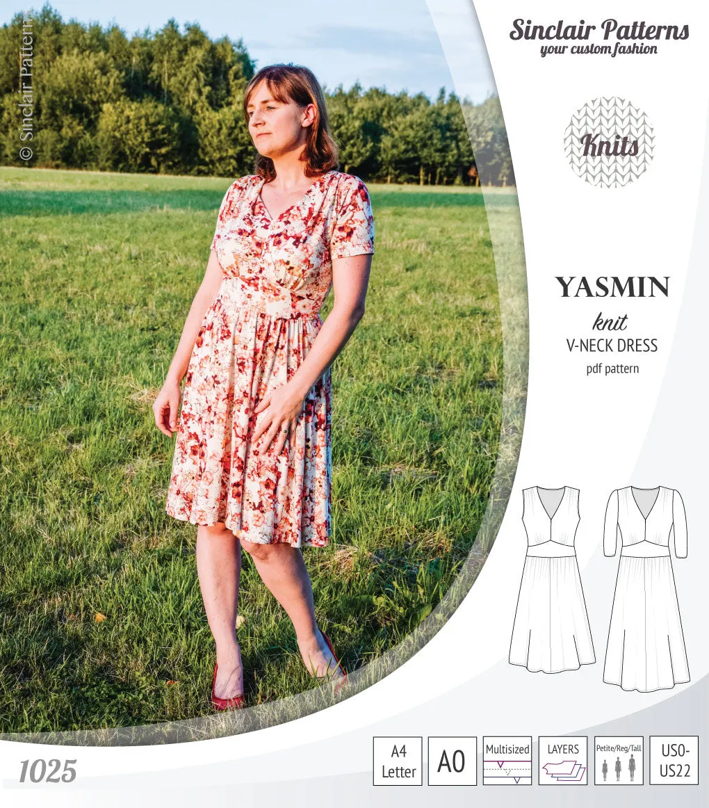 Yasmin V neck knit dress with pleated accents (PDF)