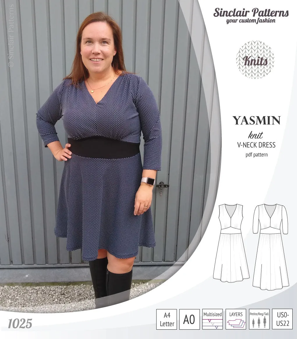 Yasmin V neck knit dress with pleated accents (PDF)