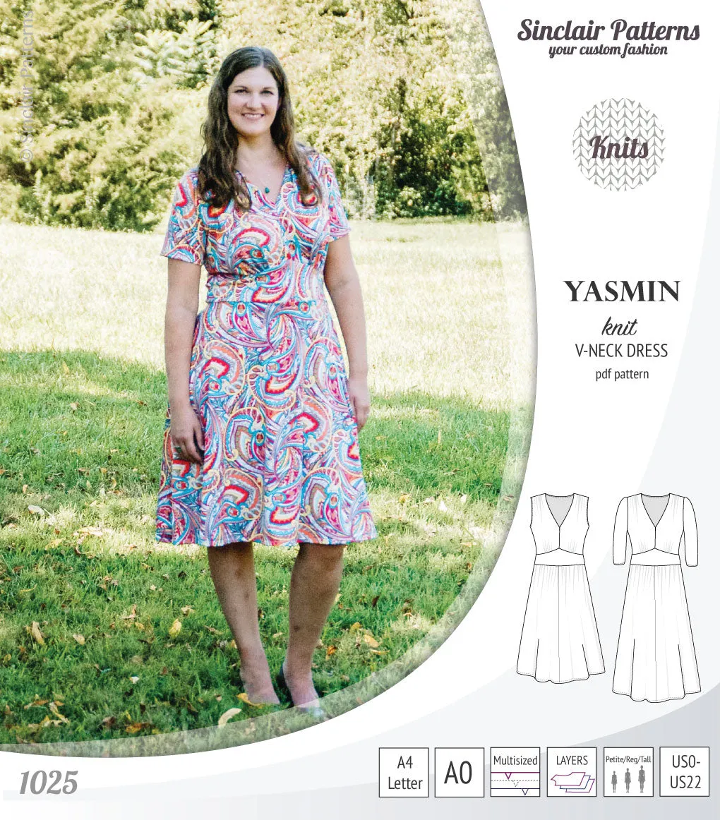 Yasmin V neck knit dress with pleated accents (PDF)