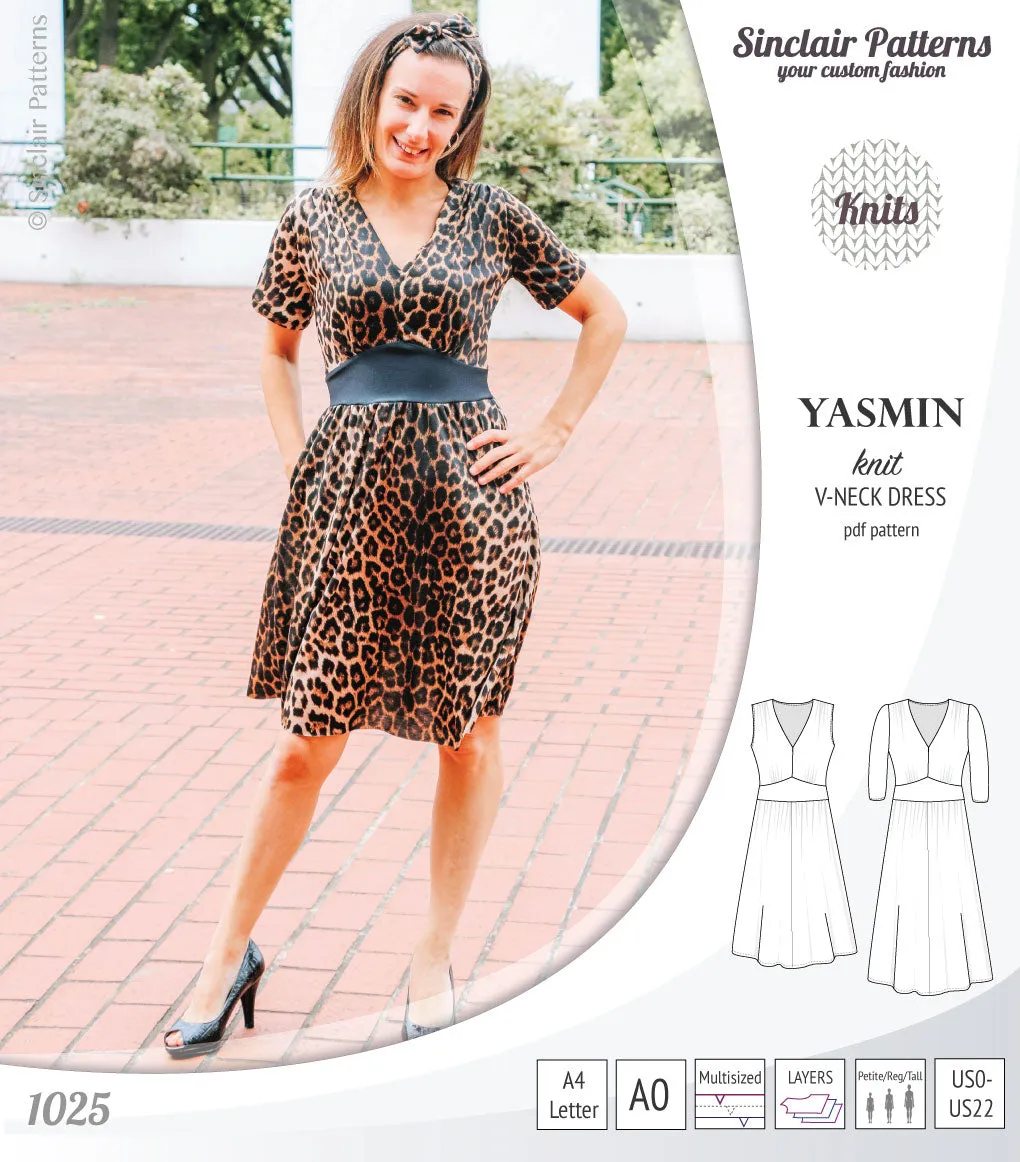 Yasmin V neck knit dress with pleated accents (PDF)