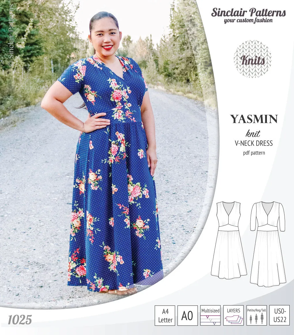 Yasmin V neck knit dress with pleated accents (PDF)