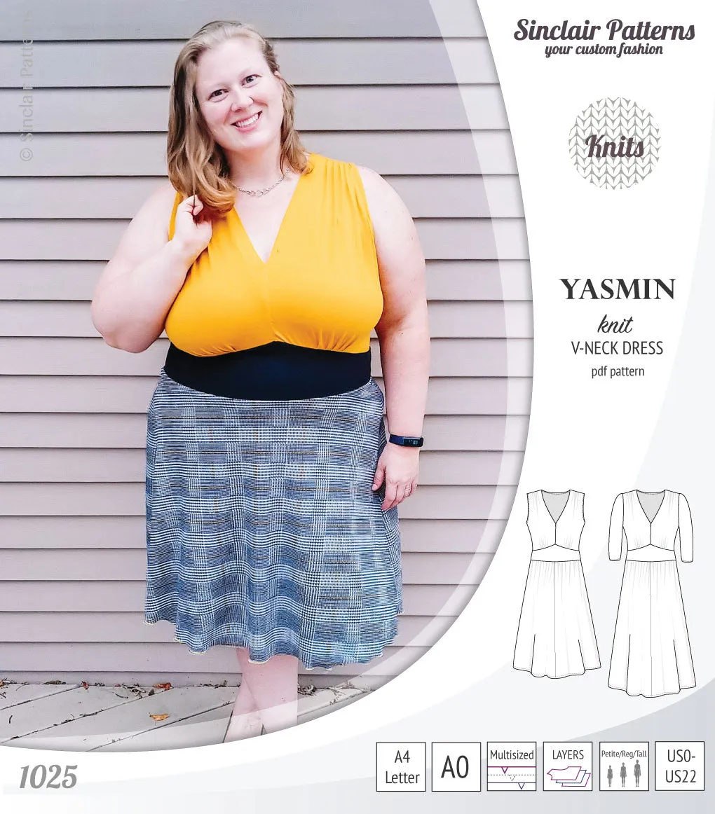 Yasmin V neck knit dress with pleated accents (PDF)