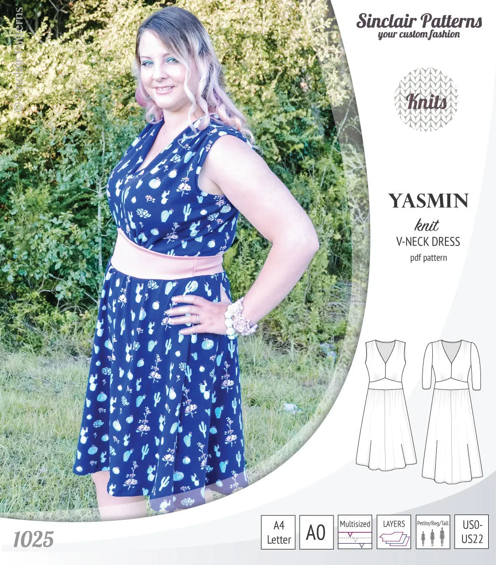 Yasmin V neck knit dress with pleated accents (PDF)