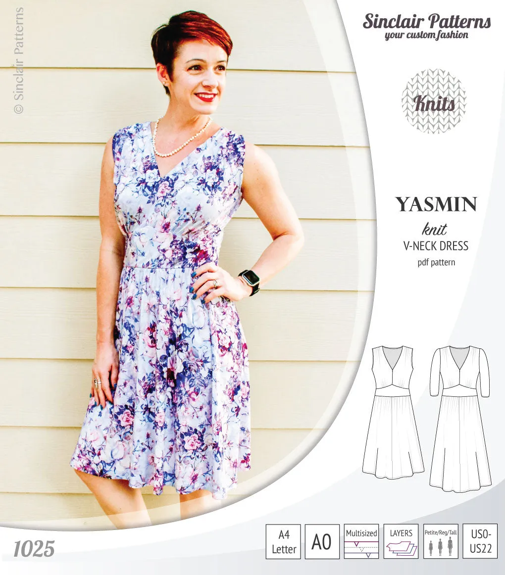 Yasmin V neck knit dress with pleated accents (PDF)