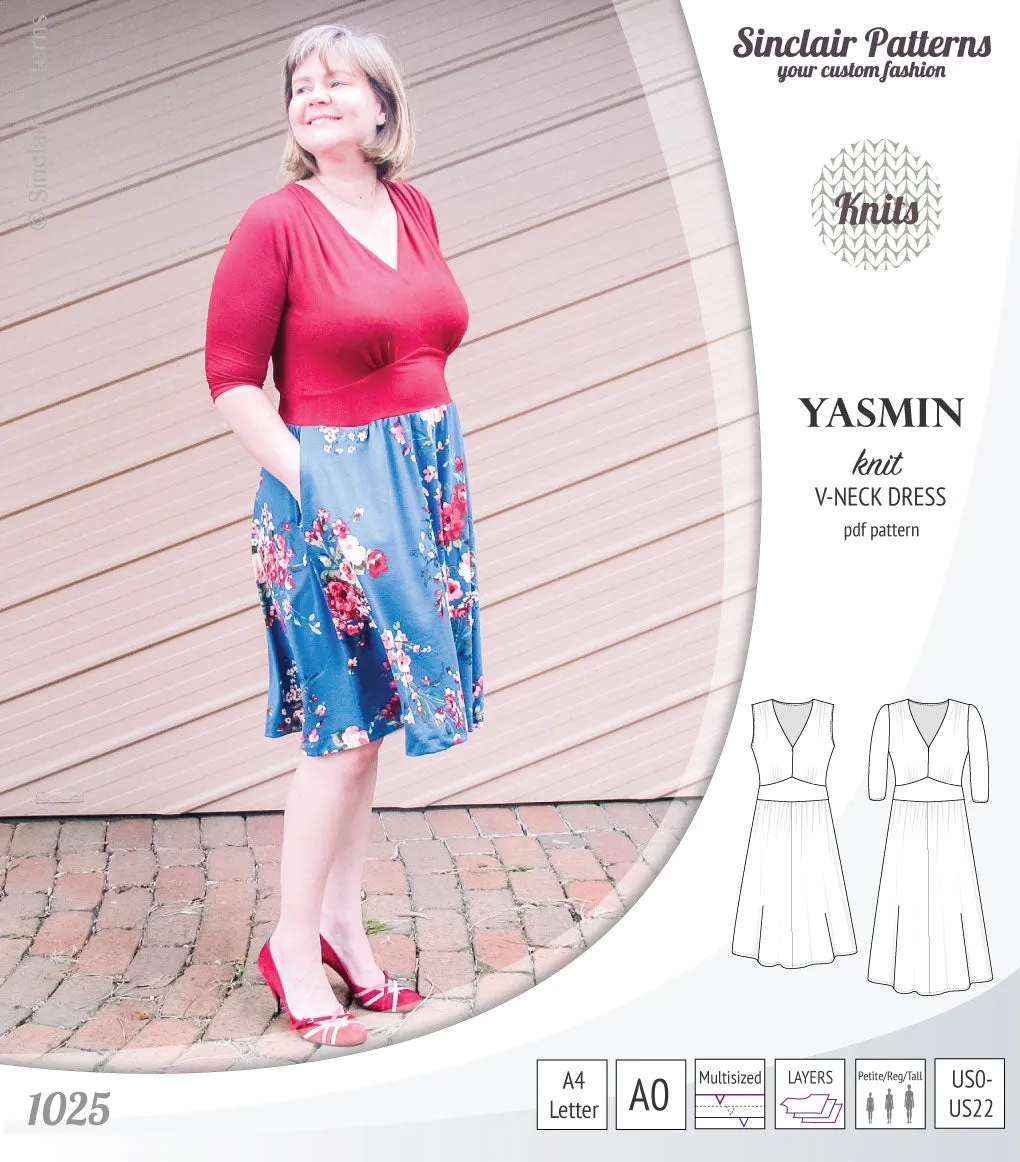 Yasmin V neck knit dress with pleated accents (PDF)