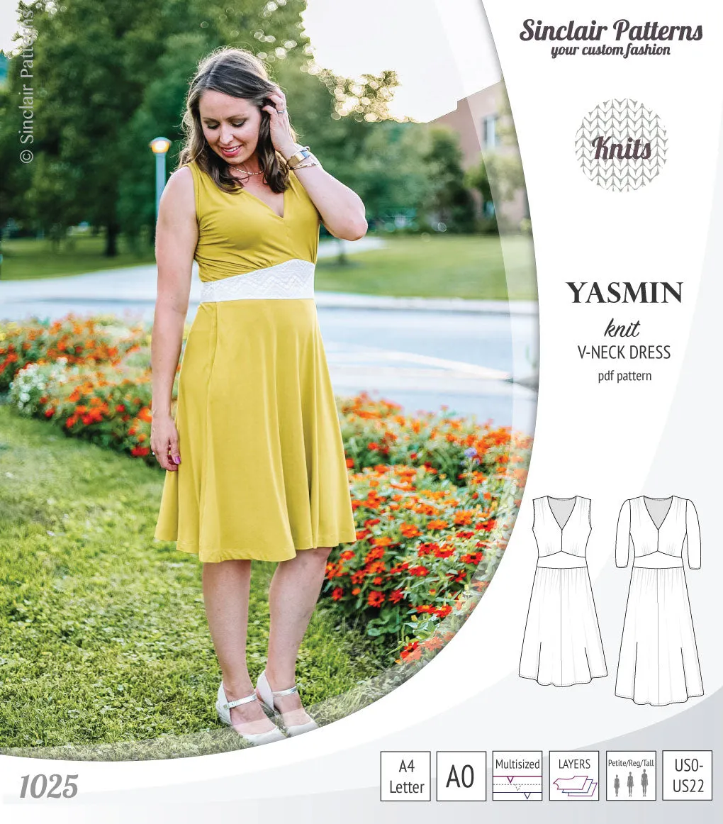 Yasmin V neck knit dress with pleated accents (PDF)