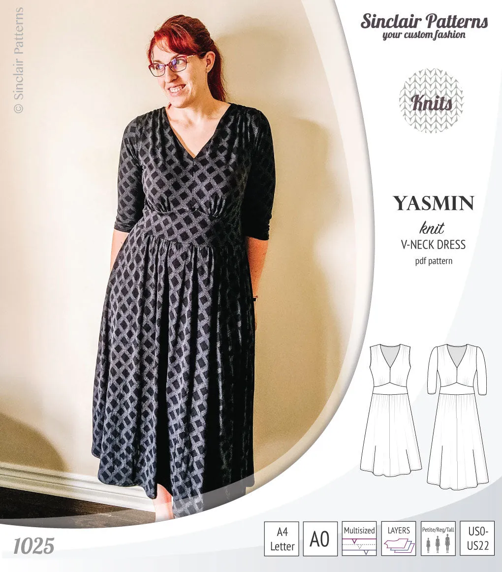Yasmin V neck knit dress with pleated accents (PDF)