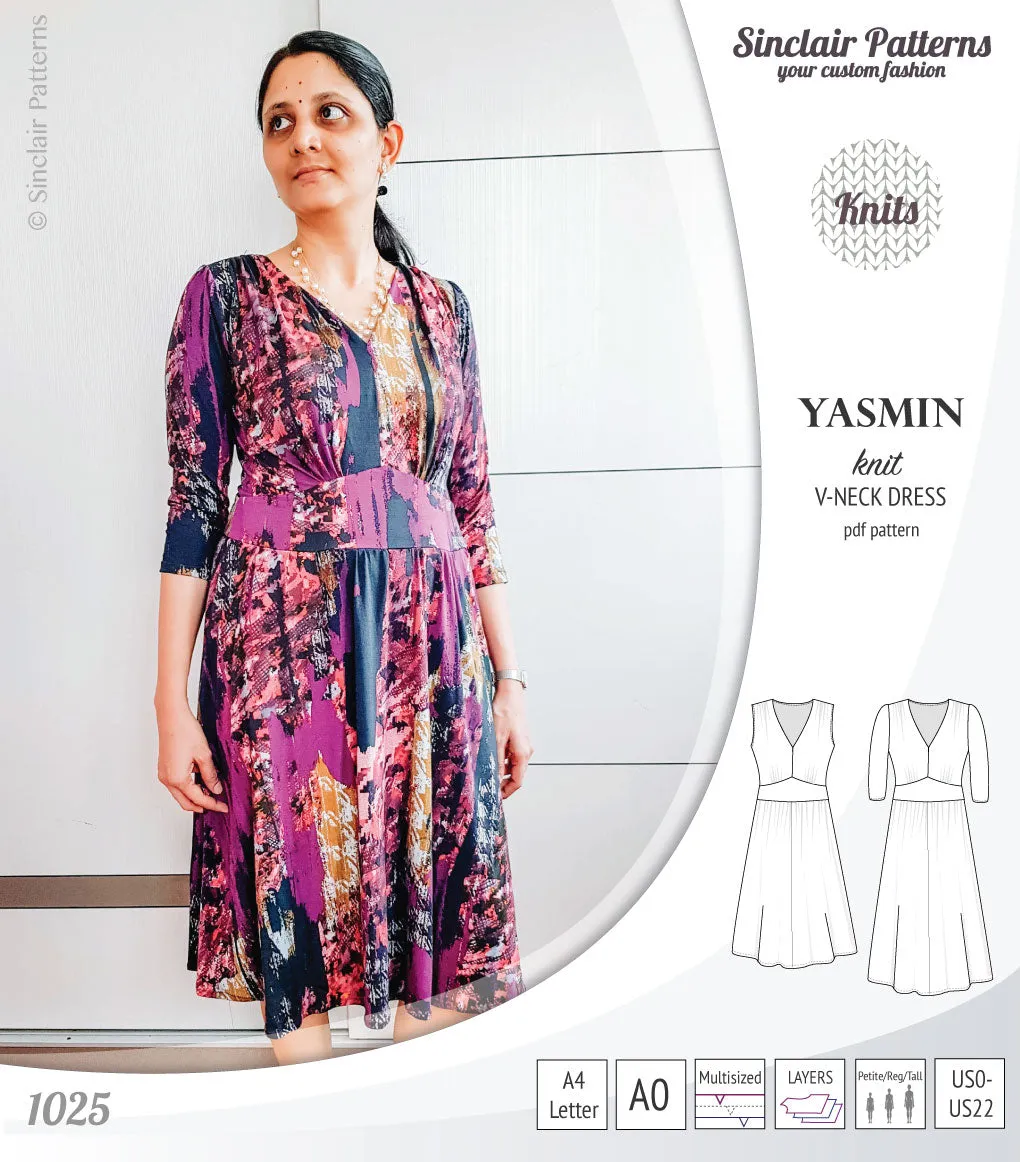 Yasmin V neck knit dress with pleated accents (PDF)