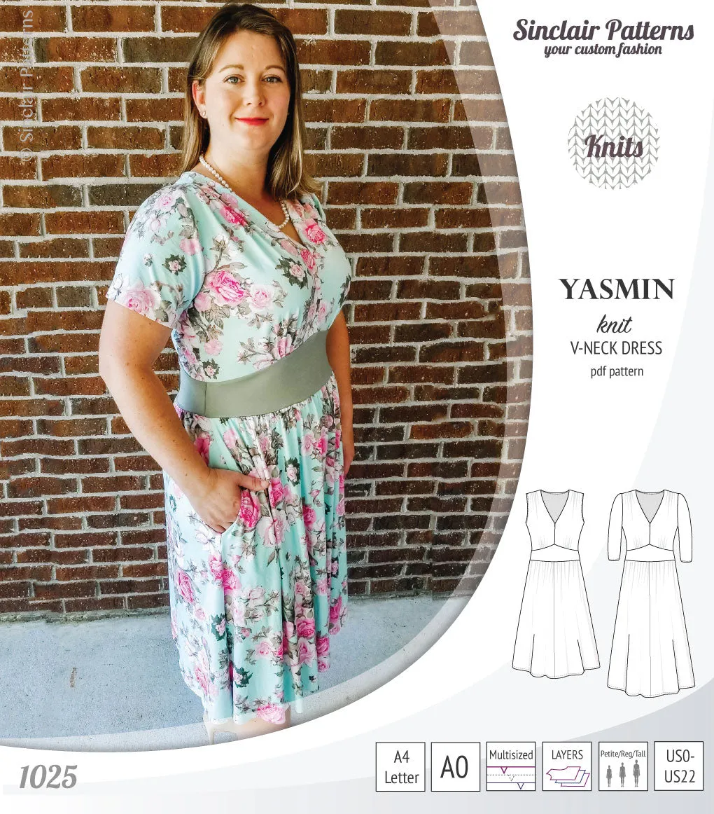 Yasmin V neck knit dress with pleated accents (PDF)