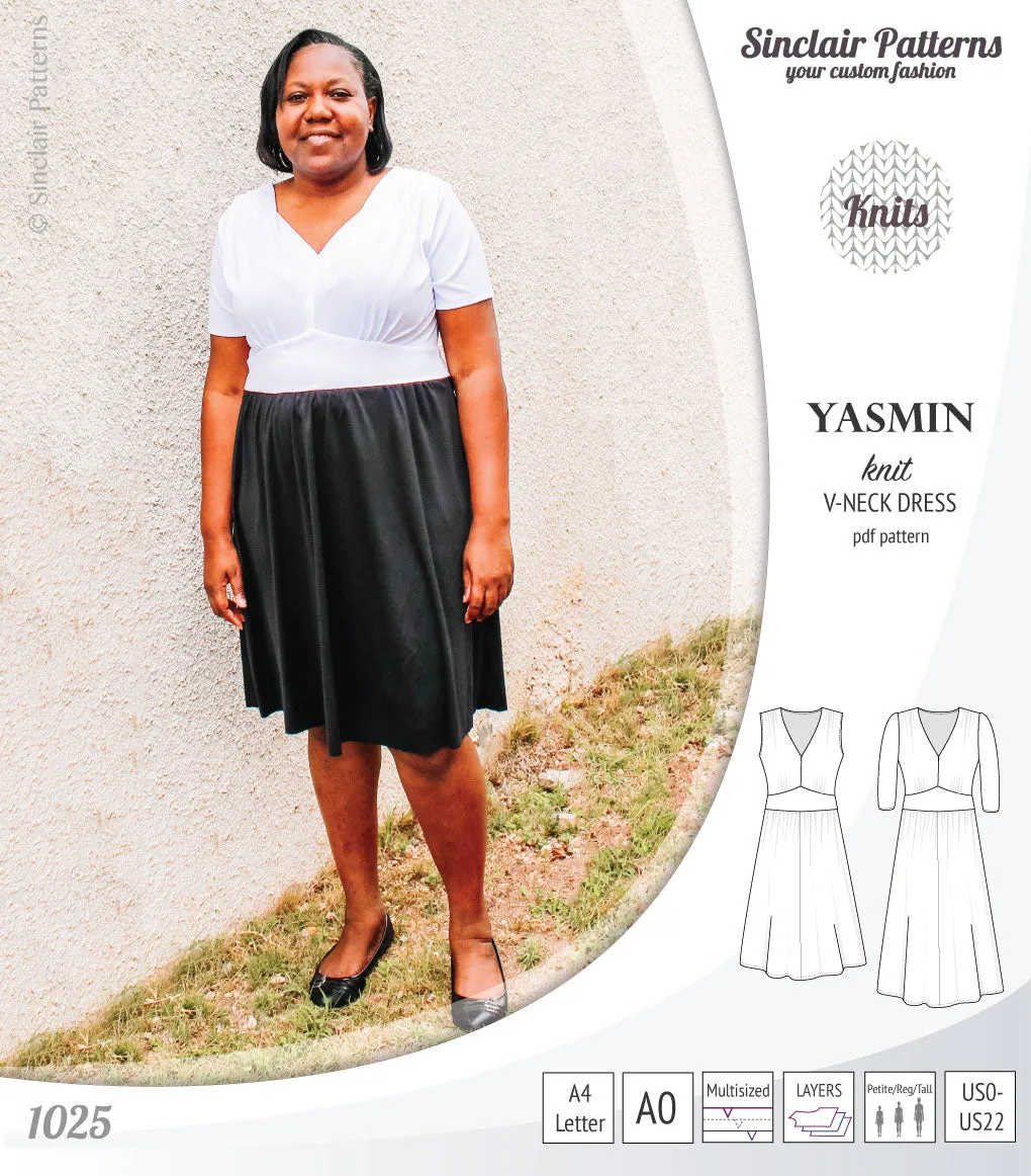 Yasmin V neck knit dress with pleated accents (PDF)
