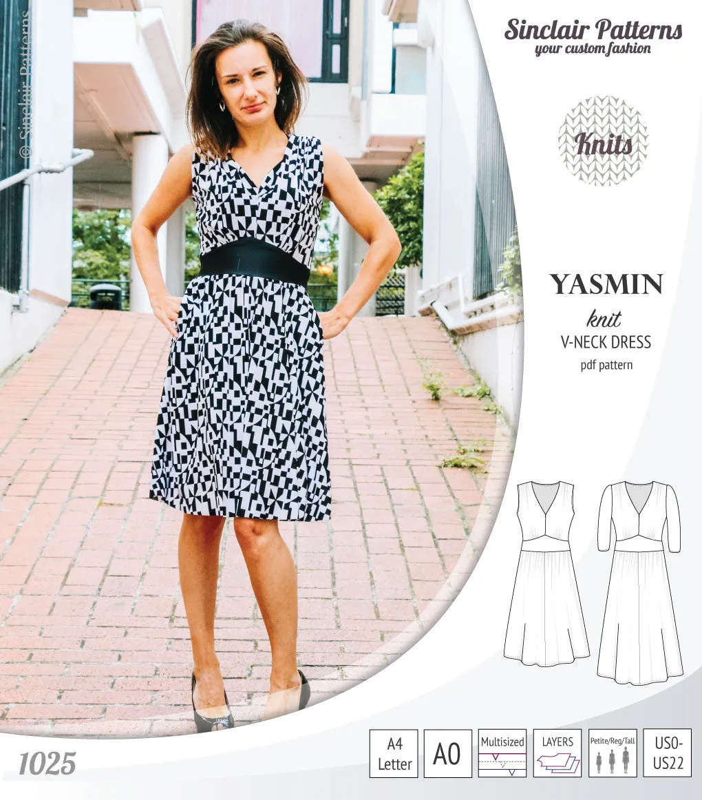 Yasmin V neck knit dress with pleated accents (PDF)