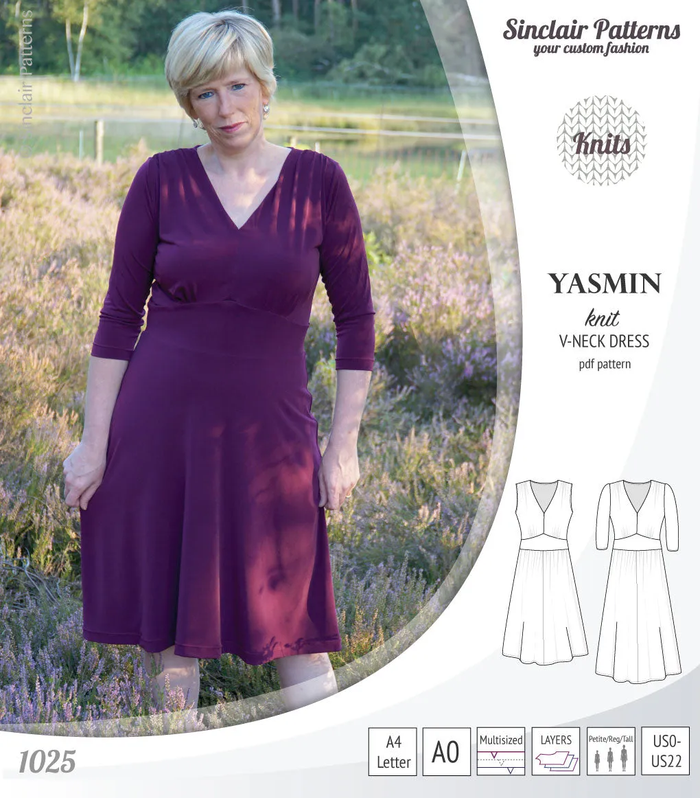 Yasmin V neck knit dress with pleated accents (PDF)