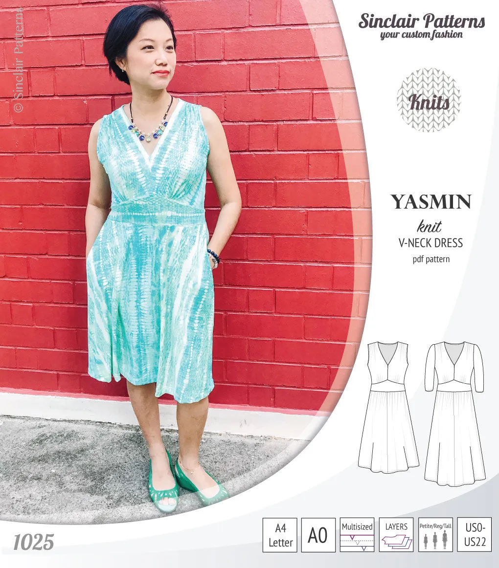 Yasmin V neck knit dress with pleated accents (PDF)