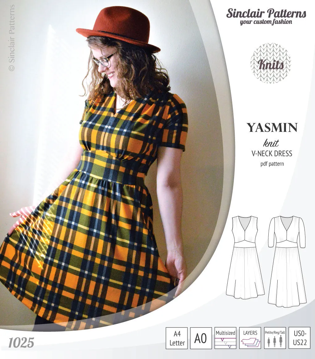 Yasmin V neck knit dress with pleated accents (PDF)