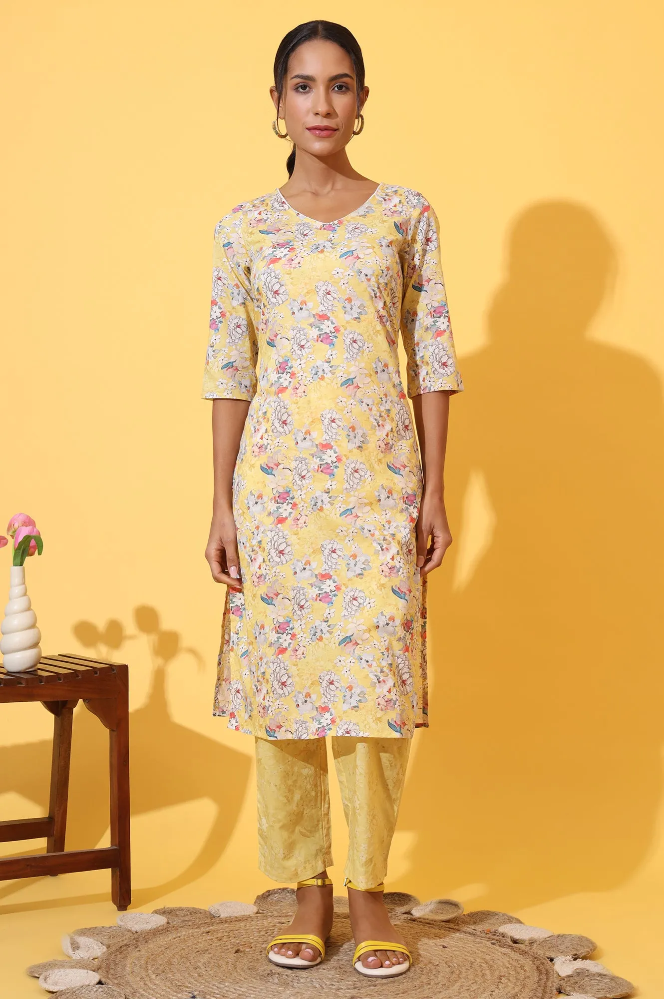 Yellow Floral Printed Pure Cotton Straight Kurta and Pants Co-ord Set