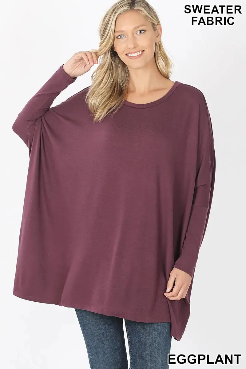 ZENANA SWEATER FABRIC OVERSIZE ROUND NECK PONCHO HT-2555AB  EGGPLANT